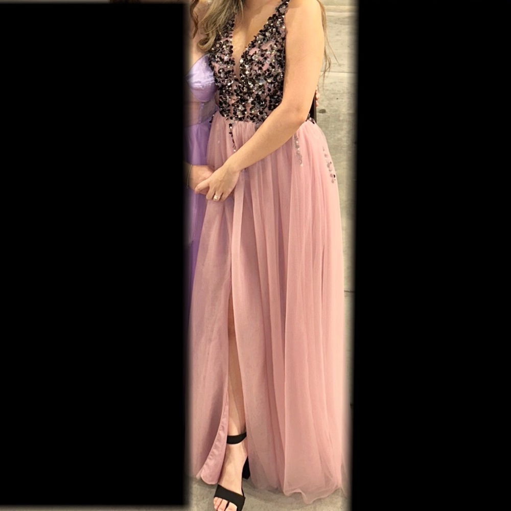 A-Line v-neck plunging floor length tulle prom dress w/beading & sequins